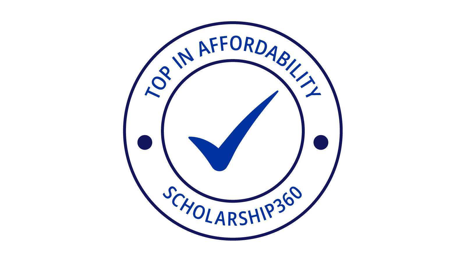 Circle with a checkmark in the middle and the words, "Top in Affordability, Scholarship360" around it.